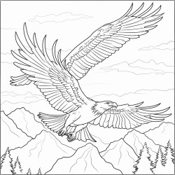 create a blackandwhite coloring page featuring majestic eagles soaring in the sky the eagles should have bold clear outlines with one spreading its wings wide include simple details like fluffy clouds distant mountains and sun rays leaving large spaces for easy coloring