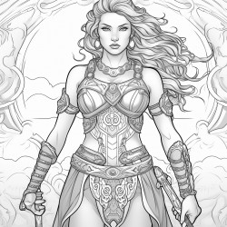 create an image of a woman warrior putting on a belt background detailed and decorative