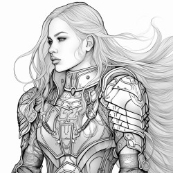 stern woman with tight straight ponytail in leather armor no pupils