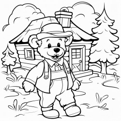 bold and easy a cartooning farmer bear wearing a hat and shoes trees house