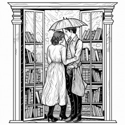 raining standing couple back window bookshelf coffee