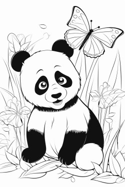 crea una panda jugando con mariposas en una pampa primaveral