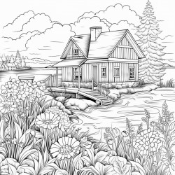house on lake with flowers