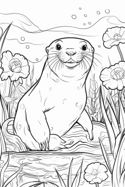 giant river otter playing in the water with its sleek body and joyful expression surrounded by river plants and fish