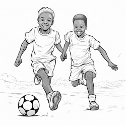 a professional  sketch drawing of 2 african chlidren playing  soccer for coloring book