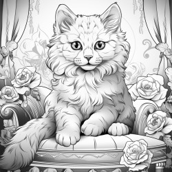 fluffy white spoiled cat with crown and pink diamond ring on left paw sitting on a cushion