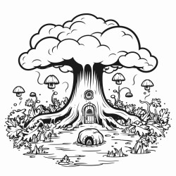 a simple spooky autumn forest with one large tree in the center that has a honeypot floating near it