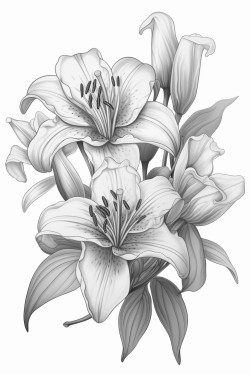 3 lilies  with intricate pattern inside of it no color no shading thick line outline art