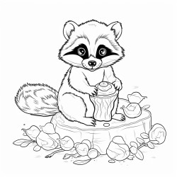 raccoon on a mushroom eating breakfast