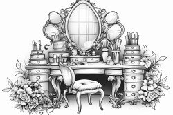 a chic vanity with an elegant mirror surrounded by makeup brushes foundations eyeshadow palettes and lipstick tubes