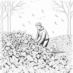 create a blackandwhite coloring page showing someone raking leaves into piles the leaves should have bold outlines and varied shapes with some in piles and others scattered around keep the rake and person simple yet clear with large spaces