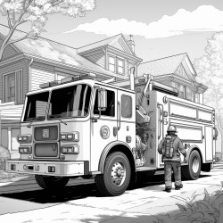 firefighter in front of fire truck showing kids a smoke detector