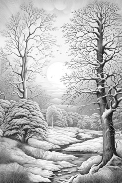 winter tree scene with many trees and the sun shining with sun rays