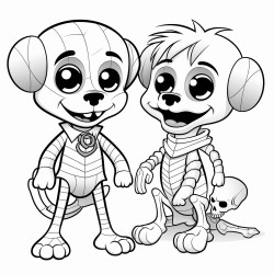a skeleton frankiestein mummy little spider and little dog cartoon make them young and elementary age