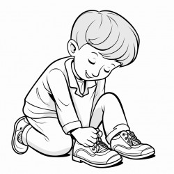 child putting on their shoes with their eyes closed