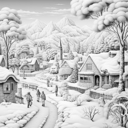 snowman village with snowmen, snowwomen, and snow children enjoying the snow
