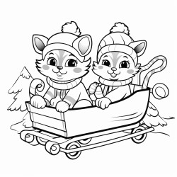 no shading no complex images and making it very easy to color in between the lines Two cats riding a sleigh together