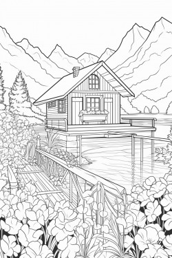 a hours in switzerland landscape with a quaint stone house surrounded by flowers wooden dock extending into a lake