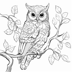coloring page owl perched on a tree branch with leaves around no shading high details thick lines