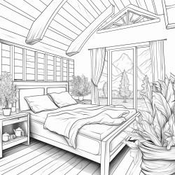 hygge decor bedroom with a wooden panned window and wooden beams on the ceiling a side view of a hygge styled bed