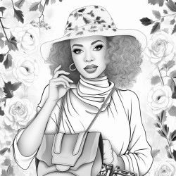 african american woman in fall clothes with pocketbook hat jewelry and makeup with floral background coloring page