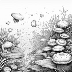 underwater scene of miniscule microbes are scattered randomly but in the center is a large virus particle