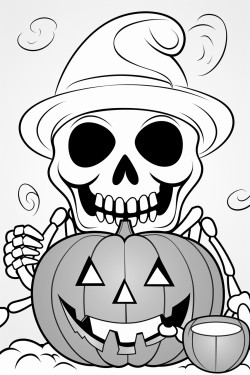 smiling skeleton and a halloween pumpkin