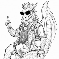 nice dragon with a backpack giving a peace sign