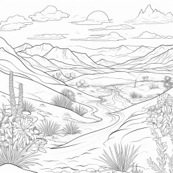 a desert scene with sand dunes and a distant oasis