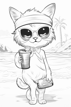 cute cat girl on beach in sunsine having  a shake in a bold pose
