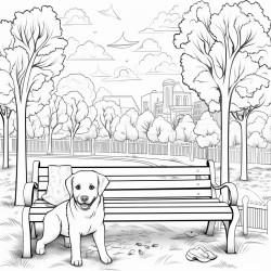 a smiling dog holding a piece of paper in the background a park with trees and a bench  autumn atmosphere