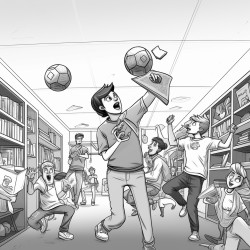 detailed cartoon of teenagers in a classroom trying to catch books balls and other equipment flying around them