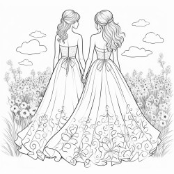 the back of two brides in wedding dresses in a field of flowers