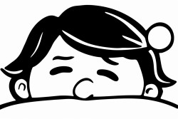 a simple drawing of a person with droopy eyes head resting on their hand and a small zzz bubble above them