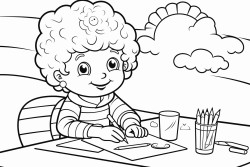 a little boy painting rainbows on a table with many colors