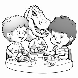 two boys and a girl eating tacos with a dinosaur