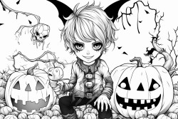 a anime demon boy with horns and tail  eating helloween candy and there ghost in the background