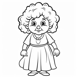 70 year old grandmother with a heavy build wearing a dress long curly hair with bangs without eye glasses