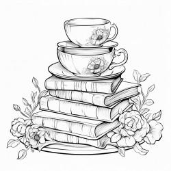 6 tea cups floating around books in background