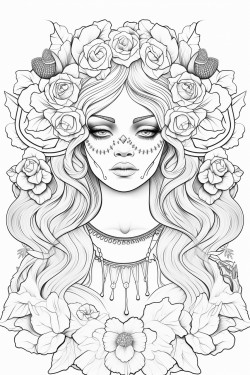 a gothic glamorous girl in gorgeous hair styles with skulls and flowers as jewelry or props