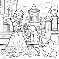 a scene of the princess playing with her cat and dog in the palace courtyard
