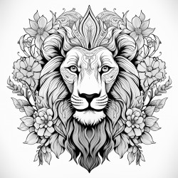 lion face highly detailed black outline mandalas theme floral elements epic illustration masterpiece detailed drawing