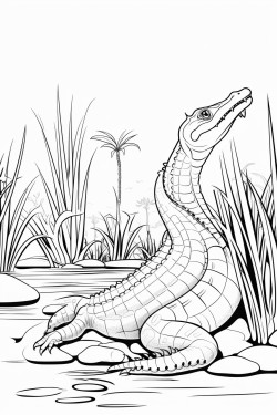a gharial resting by the side of a river its long snout visible with jungle foliage and water plants nearby