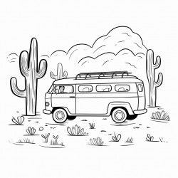 a van on a country road cactus tree some kids on the van