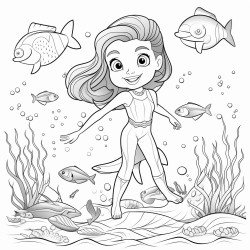 bolt and simpel black and wite coloring page of cute mermaid sarounded by sea creachers and seashells
