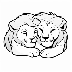 a simplified goofy accurate cartoon lion and lioness couple closed eyes sleeping vector no acessories black and white for coloring no shadows