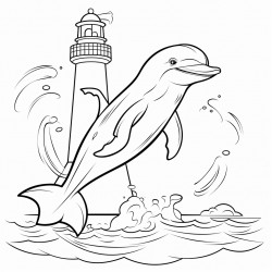 a playful dolphin jumping out of the ocean with a lighthouse in the background for sixyearolds to color