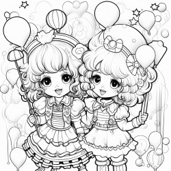 kawaii clowns with balloons and presents rainbows