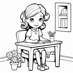a girl sitting in a desk with a pencil in her hand