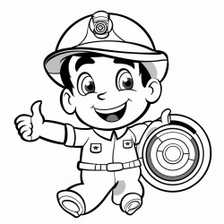 cartoon firefighter pushing alarm button on smoke detector